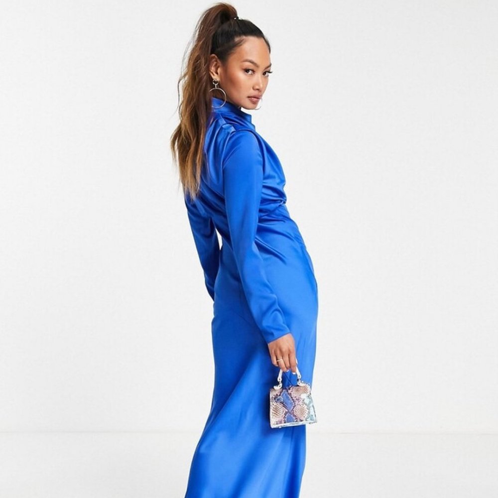 ASOS DESIGN high neck drape satin bias cut maxi dress in blue in Size 2